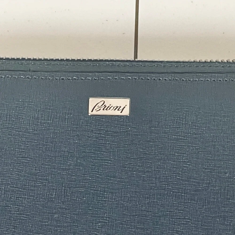 Brioni Blue‎ Saffiano Leather Double Zip Wallet Wristlet Italy Luxury Organizer